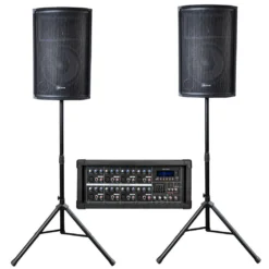 Sistema de sonido completo Ross PW-3012A-8F 2 bafles + Consola potenciada + Trípodes y cables
